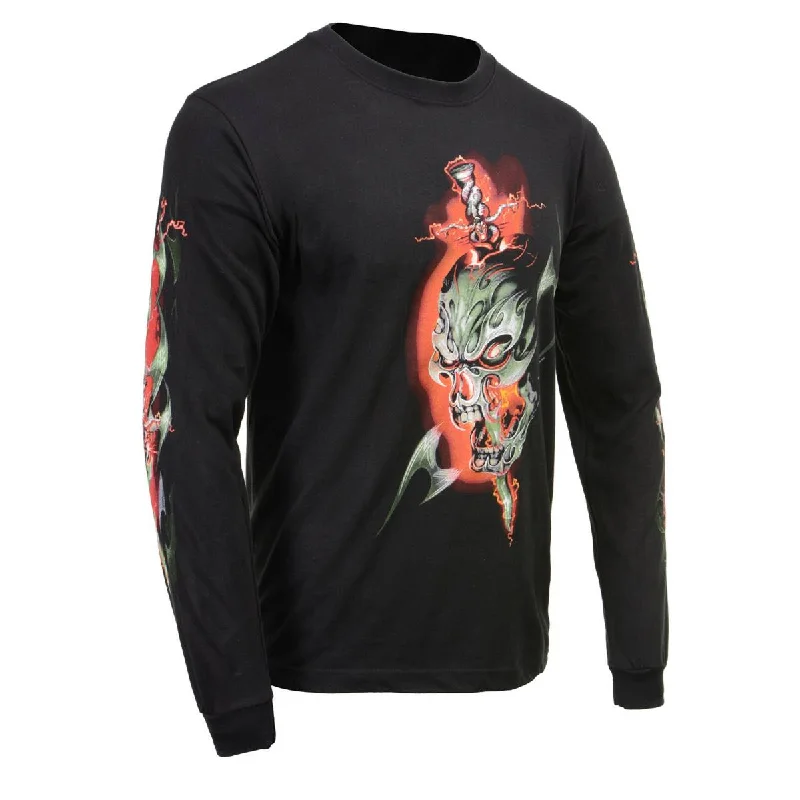 Milwaukee Leather MPMH117005 Men’s ‘Electric Skull’ Long Sleeve Black T-Shirt Laid