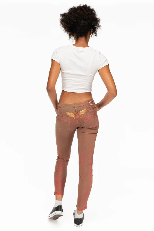 MARILYN WOMENS SKINNY JEANS IN KHAKI RED FOIL Stylish Men's Neon