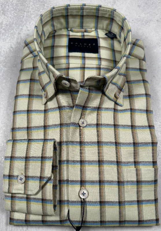 Calder Carmel Ultimate Brushed Oxford Windowpane Sport Shirt in Sage Monochromatic All