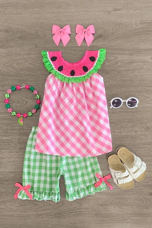 Green & Pink Gingham Watermelon Short Set Youthful Men's Pop