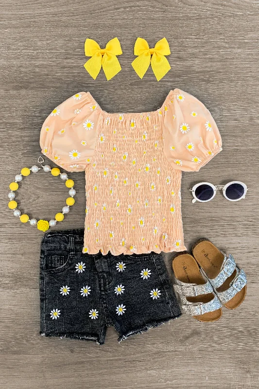 Peach Puff Sleeve Daisy Denim Short Set Casual Men's Japanese 