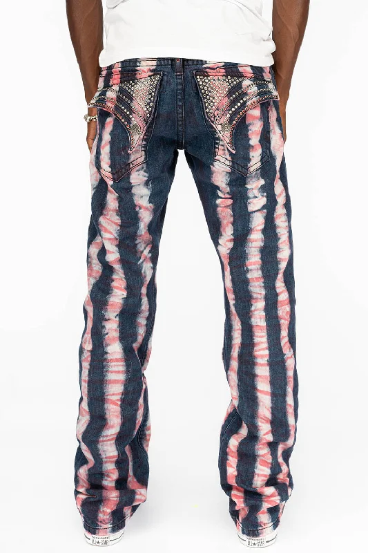 GYPSY STRAIGHT LEG REPATCHED JEANS WITH LONG FLAP EMBELLISHED  WITH CRYSTALS IN PRISONER RED Bohemian Men's Free