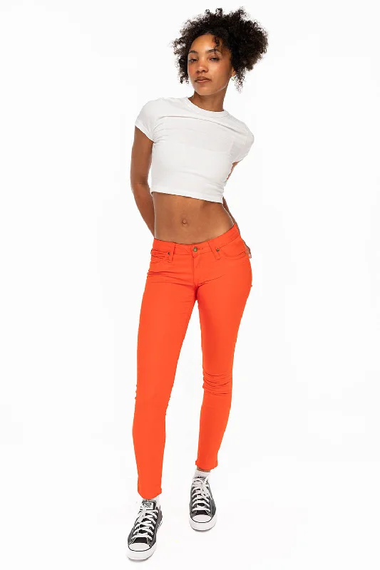 MARILYN WOMENS SKINNY JEANS IN TANGERINE WITH TONAL WINGS Monochromatic Office Style