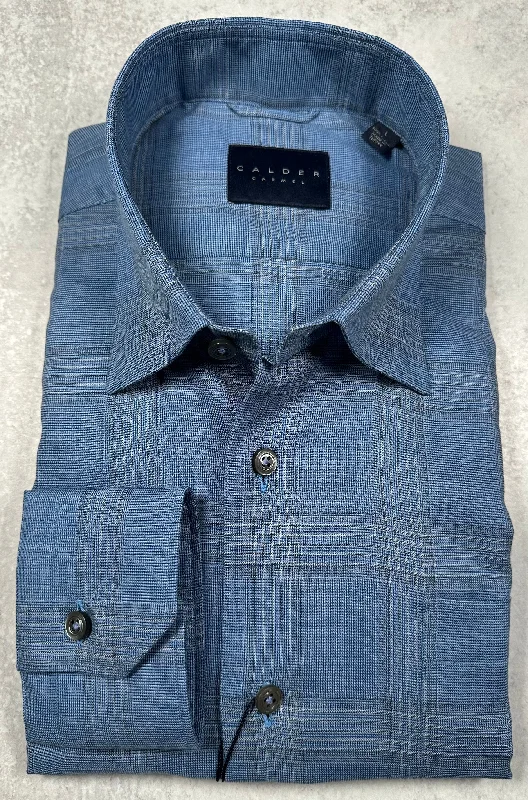 Calder Carmel Melange End On End Twill Windowpane Sport Shirt in Denim Cool Men's Distressed
