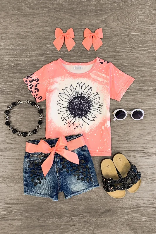 Coral Sunflower & Cheetah Denim Short Set Laid