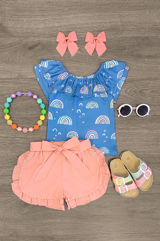 Blue Rainbows & Blush Pearl Tie Short Set Youthful Men's Anime