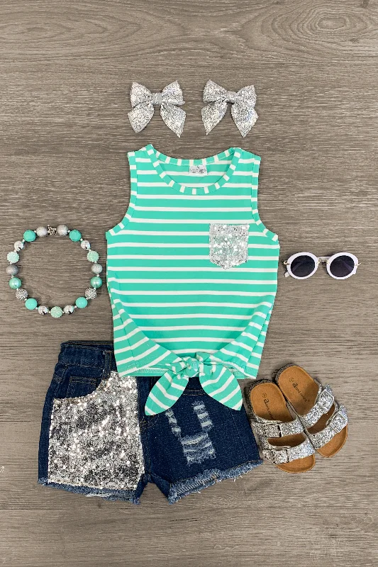 Mint Striped Tie Tank Denim Short Set Unique Men's Patch