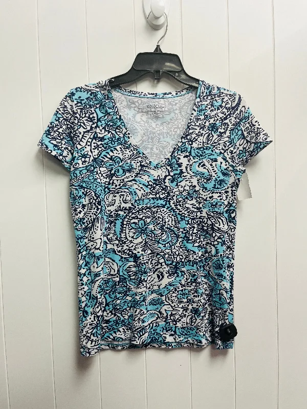 Top Short Sleeve Designer By Lilly Pulitzer In Blue & White, Size: S Trendy Men's Oversized