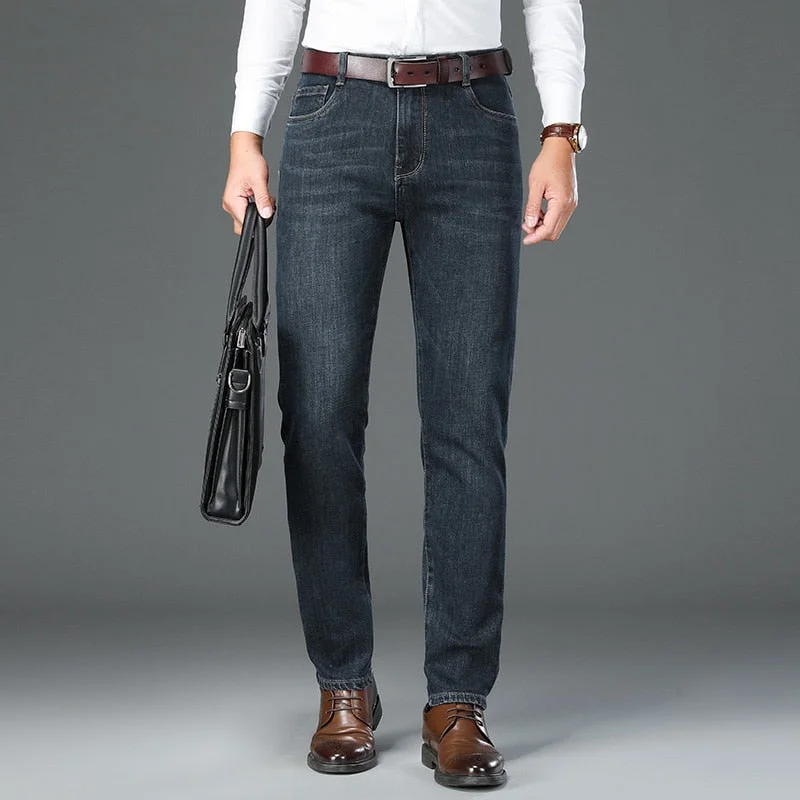 Men's Sheep Wool Classic Style Business Stretch Denim Jeans Pants Street