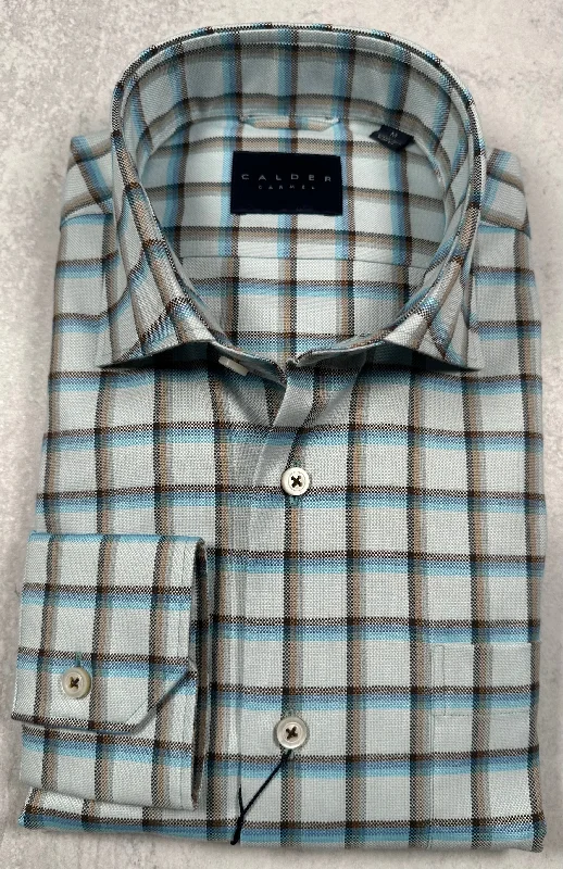Calder Carmel Ultimate Brushed Oxford Windowpane Sport Shirt in Turquoise Refined Men's Hand
