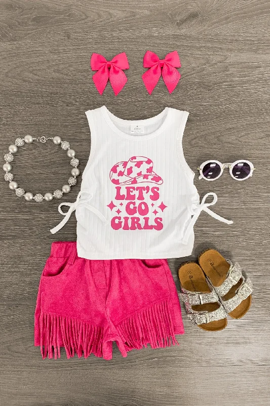 "Let's Go Girls" Pink Fringe Suede Short Set Confident Men's Power