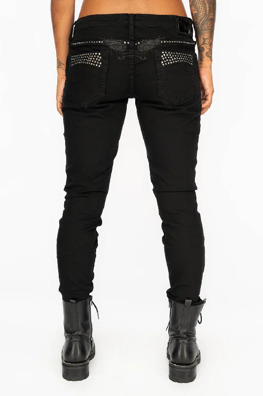 MARILYN WOMENS DISTRESSED & REPAIRED STUDDED SKINNY JEANS IN BLACK WITH BLACK WINGS AND CLEAR CRYSTALS Tough Men's Military