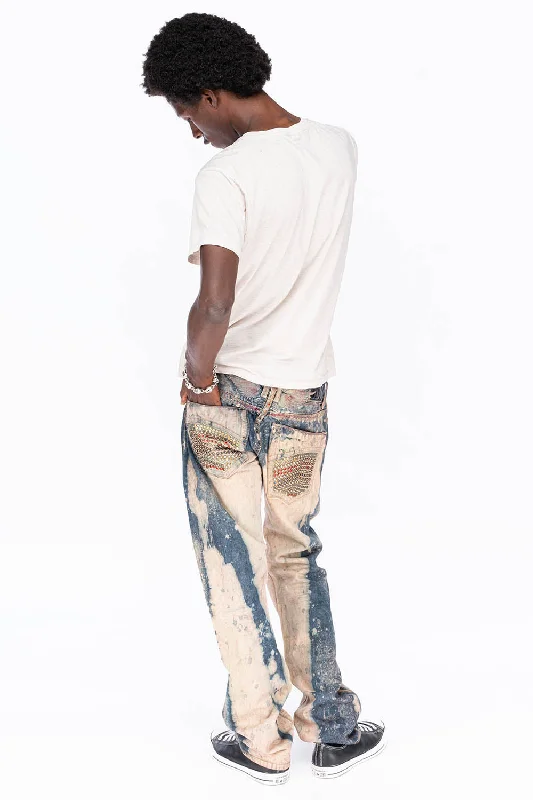 CLASSIC 5 POCKET STRAIGHT LEG IN BLUE -BEIGE GRAFFITI WASH WITH CRYSTALS & STUDS Polished Men's Satin