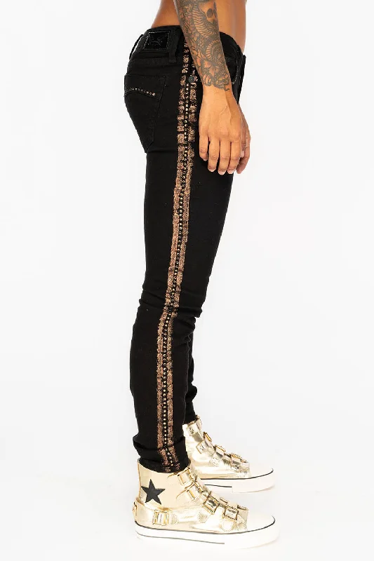 MARILYN WOMENS SKINNY JEANS IN BLACK WITH COPPER GLITTER TUXEDO STRIPE  WITH SMOKEY TOPAZ CRYSTALS Polished Men's Silk
