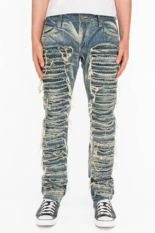 MARLON SLIM DESTROY WASHED DENIM JEANS IN BOSTON BLUE WITH STUDS AND CRYSTALS Dapper Men's Bow