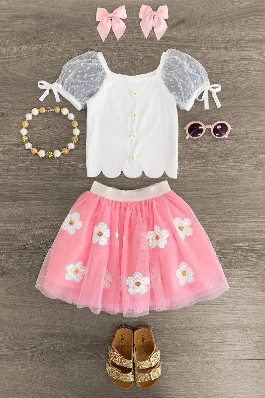Pink & White Daisy Tutu Skirt Set Cclassic Men's Tweed