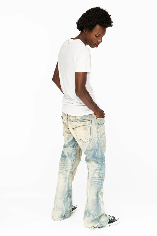 VINTAGE INDIGO DISTRESSED ,RIPPED JEAN  IN MIWOK BROKEN WASH WITH  ORANGE CRYSTALS Unique Men's Upcycled