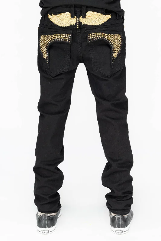 KILLER FLAP MENS SKINNY JEANS IN PURE BLACK WITH GOLD WINGS AND FULL CRYSTAL Cool Men's Distressed