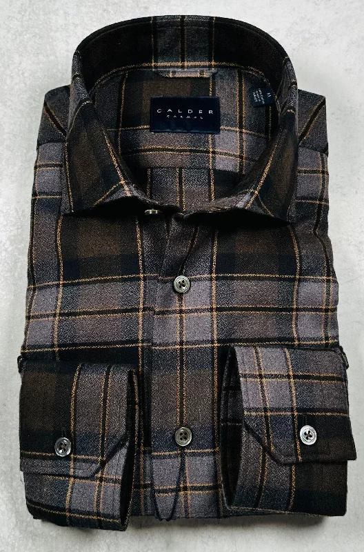 Calder Carmel Melange Boucle Twisted Brushed Overcheck Plaid Sport Shirt in Chocolate Beach