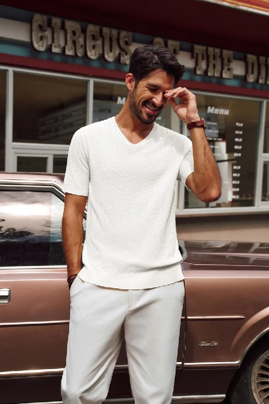 Men Textured Knitted T-Shirt Short Sleeve V-Neck Knitwear Sweater Tops Tough Men's Military