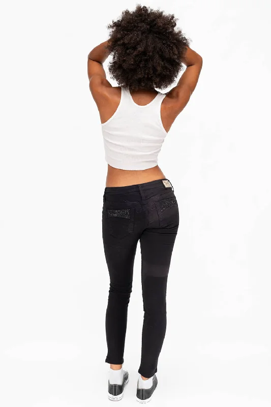 MARILYN WOMENS SKINNY JEANS IN BLACK WITH TONAL WINGS AND CRYSTALS Dynamic Men's Moto