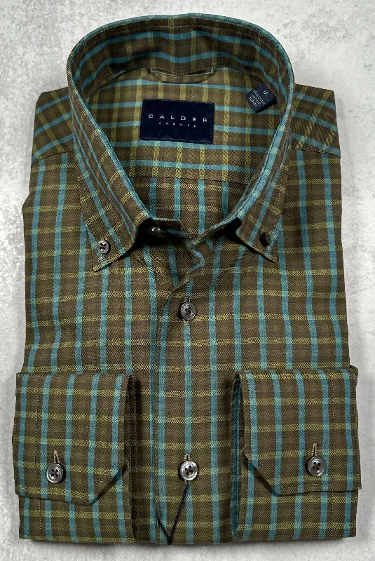 Calder Carmel Luxe Twill Satin Overcheck Sport Shirt in Olive Laid