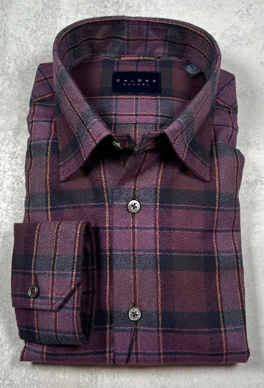 Calder Carmel Melange Boucle Twisted Brushed Overcheck Plaid Sport Shirt in Plum Cool Men's Distressed