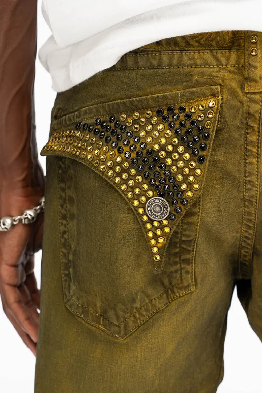 LONG FLAP MENS STRAIGHT JEANS WITH CRYSTALS IN DUSTY YELLOW Youthful Men's Pop