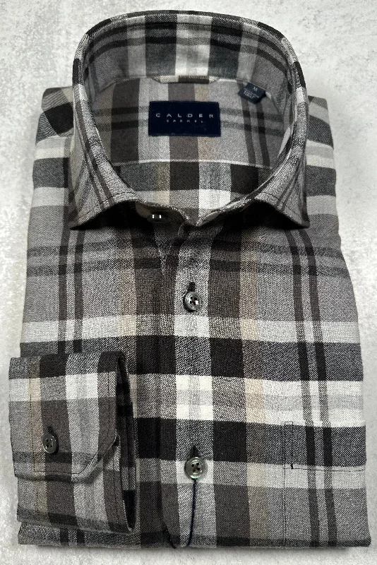 Calder Carmel Melange Brushed Twill Exploded Blanket Plaid Sport Shirt in Smoke Sophisticated Men's 