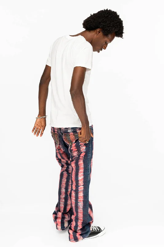 MENS LONG FLAP POCKET JEANS WITH HEAVY STITCHING AND CRYSTALS IN PRISONER RED Refined Men's Classic 