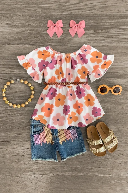 Watercolor Flower Sequin Denim Short Set Sporty Men's Athleisure 