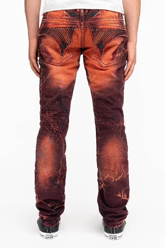 MENS LONG FLAP SLIM JEANS WITH CRYSTALS IN 4D LIGHT MALBEC WASH Athletic Men's High