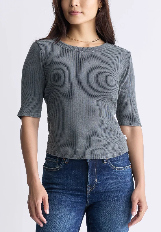 Tabbey Women's Elbow-Length Sleeve Ribbed Top, Raven Grey - KT0152F Masculine Men's Thick