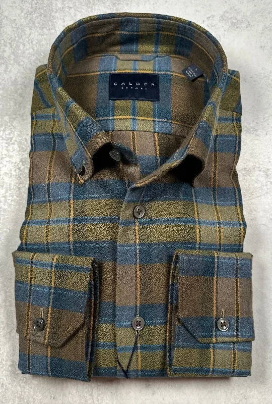 Calder Carmel Melange Boucle Twisted Brushed Overcheck Plaid Sport Shirt in Olive Trendy Men's Oversized