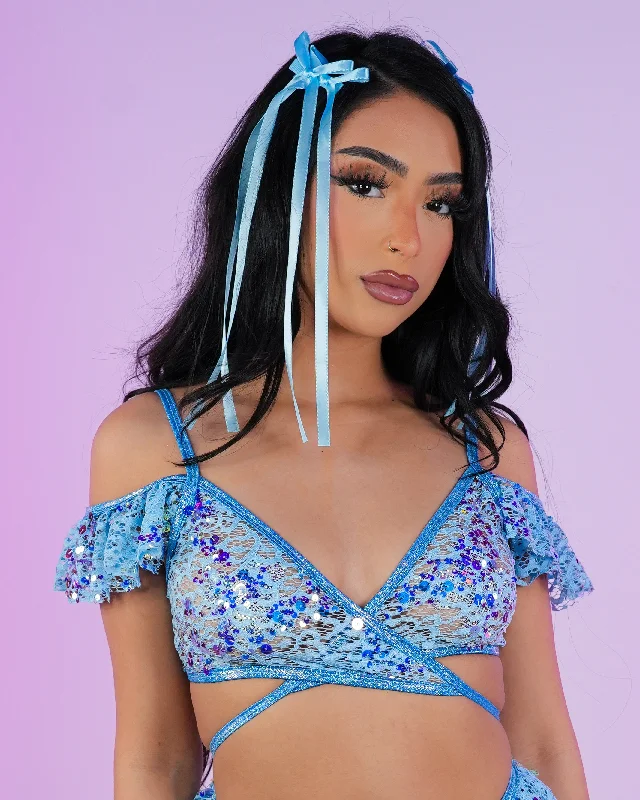 Aqua Sequin Net Ruffle Top Modern Men's Geometric