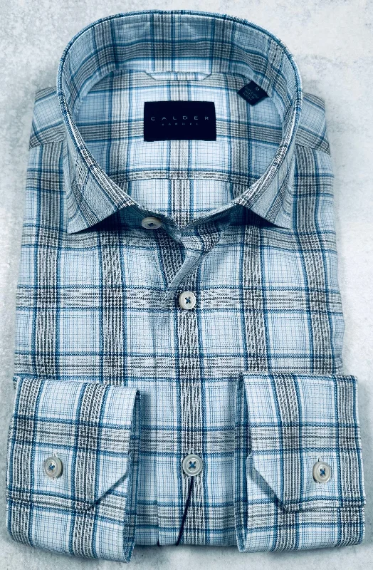 Calder Carmel Luxury 100's Melange Twill Graph Check Sport Shirt in Sky Blue Relaxed Men's Beach