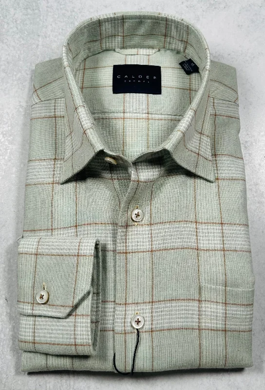 Calder Carmel Melange Herringbone Brushed Twill Windowpane Sport Shirt in Sage Sleek Men's Contemporary 