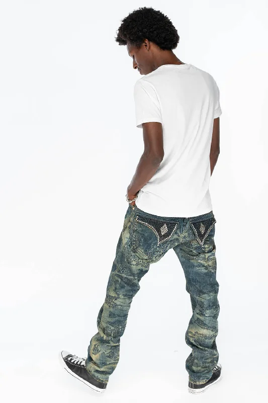 MENS LONG FLAP SLIM JEANS WITH CRYSTALS IN MILITARY INSPIRED PRINT BLUE URANUS WASH Sleek Men's Contemporary 