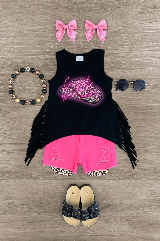 "Cowgirls Don't Cry" Black & Pink Denim Short Set Practical Men's Quick