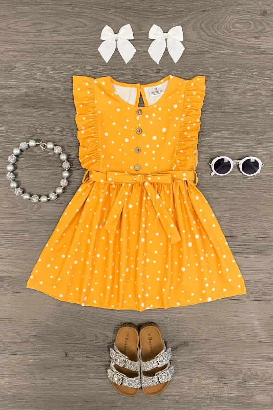 Mustard Polka Dot Ruffle Tie Dress Streetwear Style