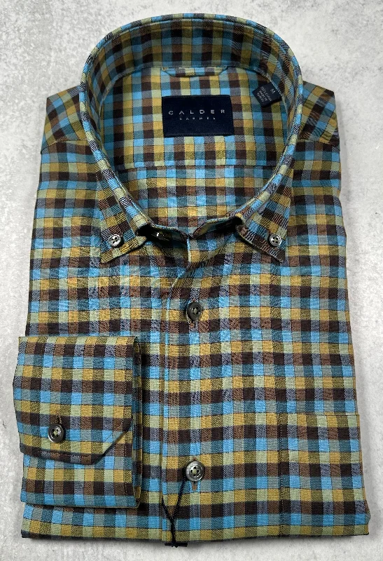 Calder Carmel Melange Twill Framed Multi Color Gingham Sport Shirt in Turquoise Cclassic Men's Tweed