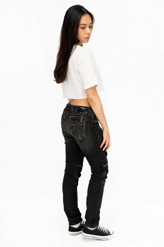 ROBIN'S WOMEN'S SKINNY UTILITARIAN JEANS IN LA BLACK WITH STUDS AND CRYSTALS Hip Men's Urban