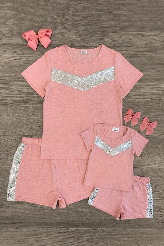 Mom & Me - Heather Pink & Silver Sequin Short Set Dapper Men's Bow