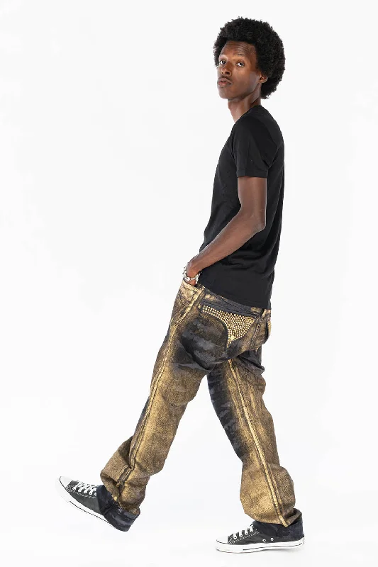 MENS LONG FLAP STRAIGHT CUT JEANS WITH SMOKY TOPAZ CRYSTALS IN AERO BLACK WASH Elegant Men's Formal 
