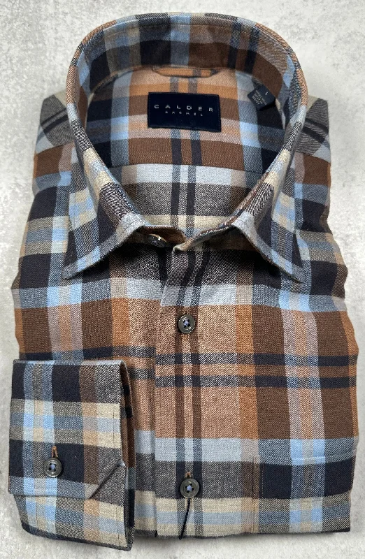 Calder Carmel Melange Brushed Twill Exploded Blanket Plaid Sport Shirt in Navy Blue Masculine Men's Thick
