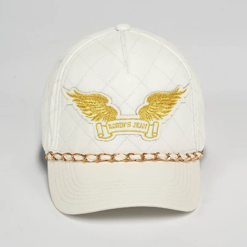 ROBINS LEATHER QUILTED CAP WITH GOLD WINGS STUDS AND COPPER CHAIN IN WHITE Unique Men's Upcycled