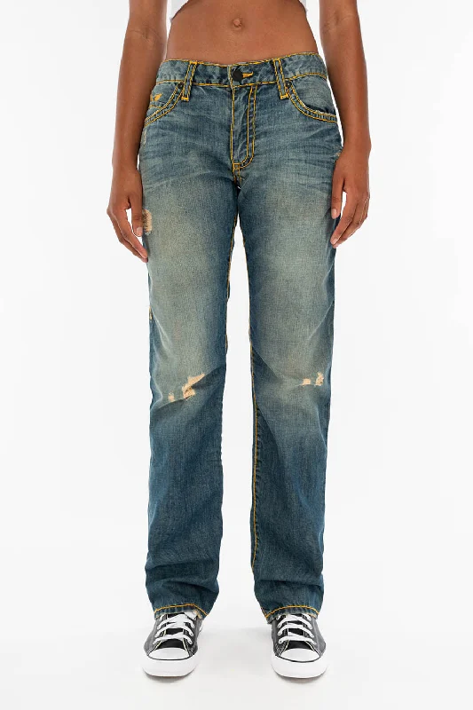 HEAVY ORANGE STITCH STRAIGHT LEG JEANS IN DESTROY VINTAGE BLUE WASH Relaxed Men's Australian 