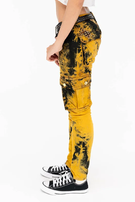 ZIPPER-MILITARY STYLE WOMENS CARGO PANTS IN TIE DYE YELLOW Street