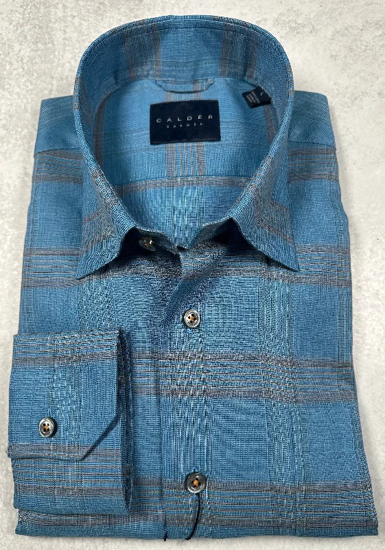 Calder Carmel Melange End On End Twill Windowpane Sport Shirt in Turquoise Trendy Men's Bucket