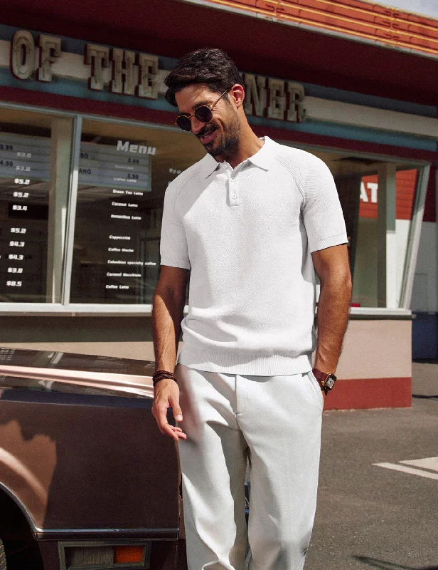 Men Textured Knitted Polo-Shirt Short Sleeve Lapel Collar Button-up Neck Tops Refined Men's Classic 